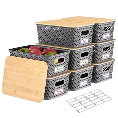 Anysig 8 Packs Plastic Storage Bins with Bamboo Lids - Stackable Storage Bins Decorative Small Basket Containers for Organizing Shelves Office Classroom Desktop Closet, Grey - Image 1