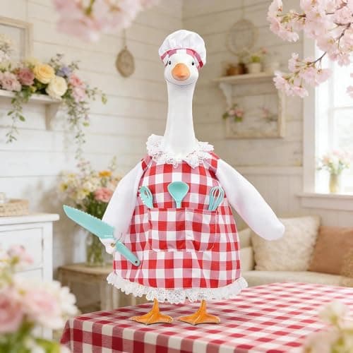 yuboo Chef Spring Porch Goose Outfit, Red and White Checkered Dress, Chef Hat & Cutlery 5 Set Porch Goose Clothes for 17'' Cement Statue, Fun Goose Costume for Garden Patio Statue Decor - Thumbnail 5
