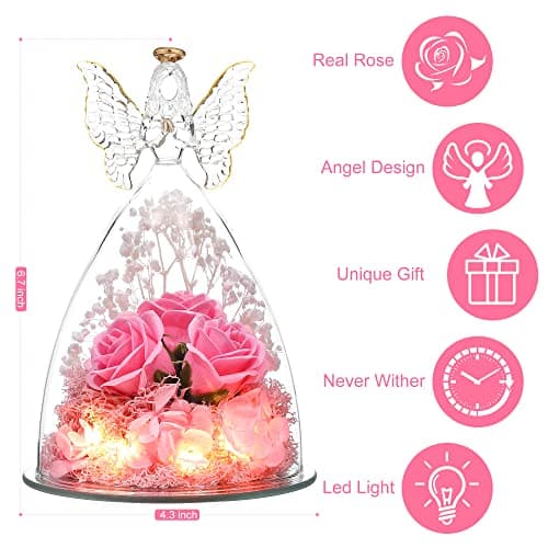 Tiaronics Mothers Day Mom Gifts for Women Preserved Flowers in Glass Angel Forever Flowers Gifts Eternal Roses Gifts for Grandma - Pink - Thumbnail 3