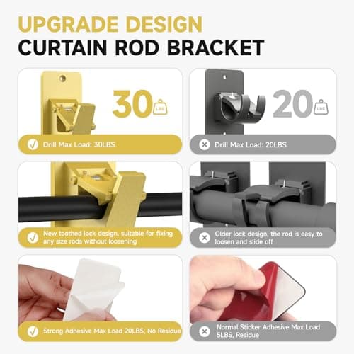 Universal Curtain Rod Holders, No Drill Curtain Rod Brackets, Self Adhesive Curtain Rod Brackets Up to 30 LB, Nail Free Curtain Rod Hooks for Bathroom, Bedroom, Livingroom, Kitchen (8PC, Gold) - Thumbnail 4