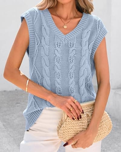 BTFBM Sweater Vest Women Oversized V Neck Cable Knit Casual Pullover Sweaters Fall Outfits 2025 Sleeveless Tops(Light Blue, Small) - Thumbnail 4