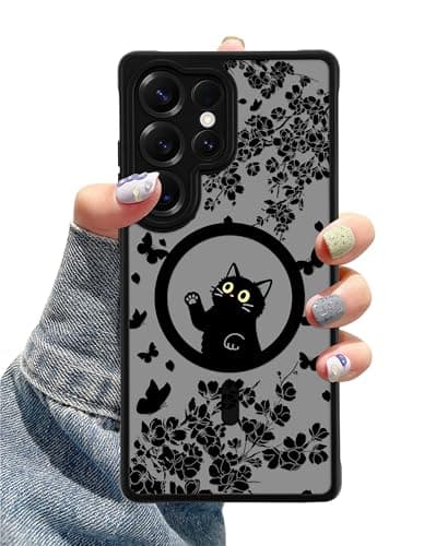 Aitipy Compatible with MagSafe Case for Samsung Galaxy S24 Ultra, Cute Black Cat Flower Aesthetic Magnetic Design Phone Case, Soft TPU Protective Phone Cover for Women Girls-Black - Image 1