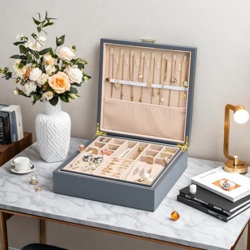 ASINGYER 2-layer jewelry box，Jewelry Organizer with Handle，with hanging necklace hooks, detachable jewelry trays, suitable for storing a large amount of jewelry gift box (Large-Grey) - Thumbnail 6