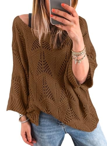 Acelitt Women's Casual Spring Long Sleeve Off The Shoulder Crewneck Loose Fashion 2026 Crochet Knit Pullover Sweaters Tops Brown XXL - Image 1