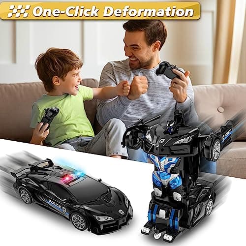 LNNKINE Remote Control Car, Transform Robot RC Cars, 2.4Ghz Transforming Police Car Toy with LED Light, One-Button Deformation and 360° Rotating Drifting, Toys for Boys Age 4-7 8-12 - Thumbnail 2