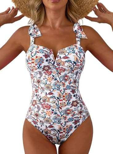 Aleumdr Vintage One Piece Swim Suit for Women 2026 Fashion Tummy Control Bathing Suits with Pads Full Coverage Swimsuit Print Floral Slimming Swimwear Red XX-Large - Image 1