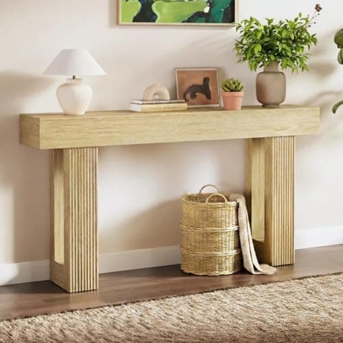 63"L x 33"H x 12"D Console Table, Ribbed Fluted Entryway Table, Japandi Thick Wood Design Oak Sofa Table Behind Couch, Scandi Wood Texture Hallway Entrance Table Valentine's Day, Natural Oak - Image 1