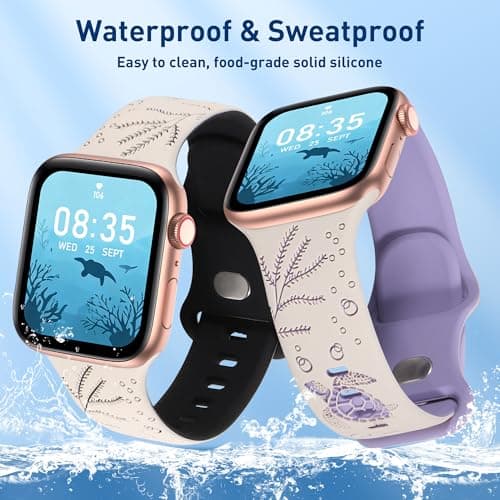 HMFCBFSS Engraved Cute Sea Turtle Band Compatible with Apple Watch Bands for Women Men 38mm 40mm 41mm 42mm, Stylish Two-Tone Floral Soft Silicone Sport Strap Fit iWatch Series 11 10 Se 9 8 7 6 5 4 3 2 1 (Starlight/Black, 38mm/40mm/41mm/(42mm-Series 11 10) - Thumbnail 4