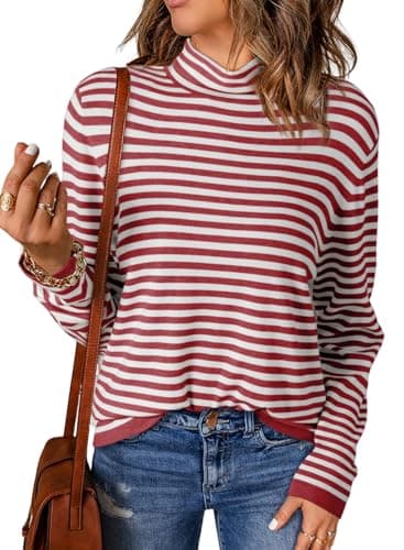 Dokotoo Spring Sweaters for Women 2026 Trendy Turtleneck Red Stripe Pullover Shirts Knit Sweater Casual Long Sleeve Jumpers Tops Shirts Sweaters Medium - Image 1