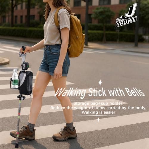 CAJJYRUWE Multiple Crutch for Adult Seniors Walk Travel Ergonomic Stick Aluminum Portable Cane Adjustable Height include Night light Storage Bag Cup Holder Bell Spare large medium Anti-Slip Rubber Tip - Thumbnail 4