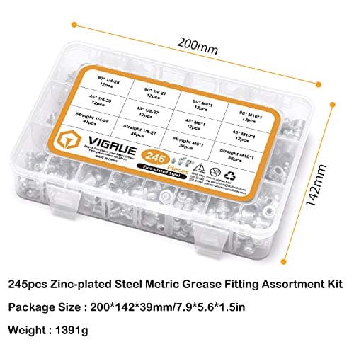 VIGRUE 245Pcs SAE & Metric Grease Fittings Assortment Kit, 1/4-28 1/8-27 M6 M10 Zerk Grease Fittings in Straight, 45, 90 Degree for Grease Gun - Thumbnail 6