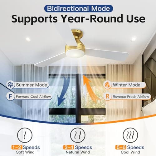 Ceiling Fans with Lights, 42 Inch Ceiling Fan with Light And Remote, 3CCT Flush Moun Low Profile Ceiling Fans, 6 Speed Noiseless LED Ceiling Fan, Advanced Gold Ceilings Fan for Bedroom Living Room - Thumbnail 4
