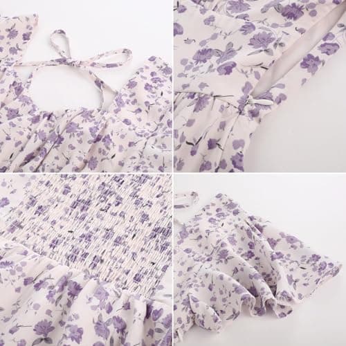 Belle Poque Women's Short Sleeve Square Neck Tiered Ruffle Dress 2025 Square Neck Holiday Beach Midi Dress Purple Large - Thumbnail 2