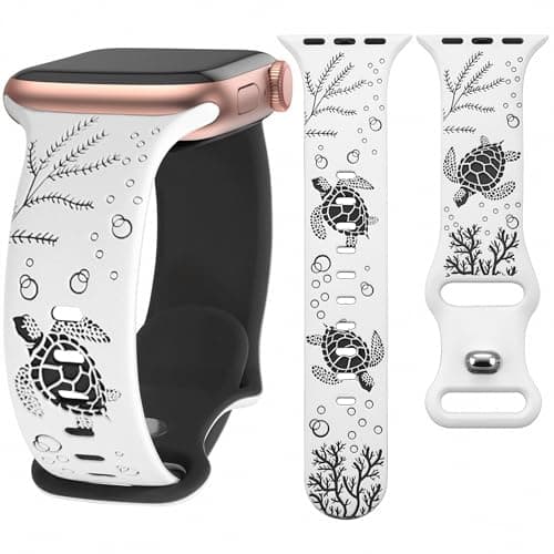 HMFCBFSS Engraved Cute Sea Turtle Band Compatible with Apple Watch Bands for Women Men 38mm 40mm 41mm 42mm, Stylish Two-Tone Floral Soft Silicone Sport Strap Fit iWatch Series 11 10 Se 9 8 7 6 5 4 3 2 1 (White/Black, 38mm/40mm/41mm/(42mm-Series 11 10) - Image 1