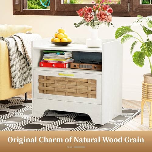 HOCAT 24" Rattan Nightstand, Boho Night Stand with Open Storage, White Bedside Table with Drawer, Bed Side End Table Dresser for Bedroom, Living Room, Hallway - Thumbnail 3