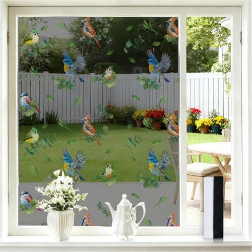 Borskyn One Way Privacy Window Film for Home, 99% Heat UV Blocking Window Tint, Birds & Leaves Decorative Static Cling Film, Professional Squeegee for Bubble-Free Install, No Residue, 23.6"W x 78.7"H