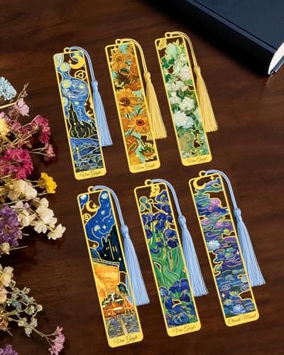 HOMTEK 6 Pieces Metal Bookmarks with Tassel, Golden Hollow Bookmark Oil Painting Van Gogh Monet Theme Book Mark Bookmarks for Book Lovers Writers Readers Children Teens Men Women Adults - Image 1