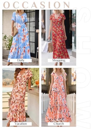 KIRUNDO Spring Summer Wedding Guest Dresses for Women 2026 Boho Floral Short Sleeve V Neck Ruffle Tiered Flowy Maxi Dress(Wine Red, Medium) - Thumbnail 6