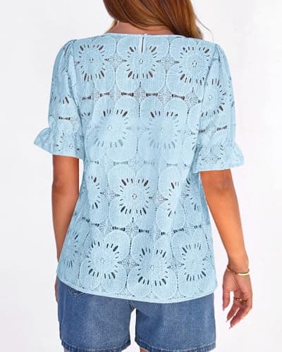 KIRUNDO Lace Tops for Women Blouses Dressy Casual Boho Eyelet Puff Short Sleeve Shirts Spring Summer Clothes Vacation Outfits(Baby Blue, Medium) - Thumbnail 4
