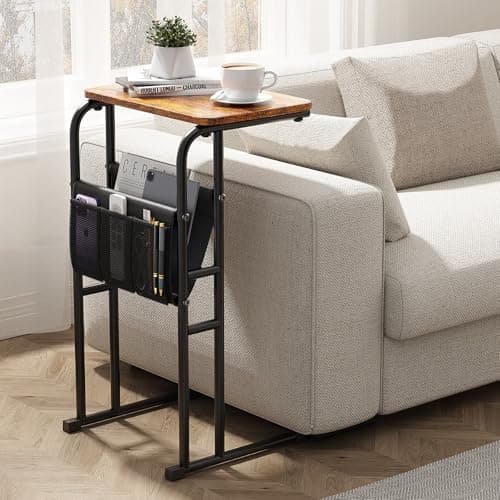 Olldide C-Shaped End Table with Storage Bag, Side Table for Living Room Bedroom, Slide Under Couch Sofa TV Trays Desk, Small Narrow Space Applicable, Rustic Brown - Image 1
