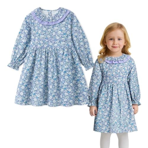Simplee kids Baby Girl Fall Floral Dress Long Sleeve Print Sundress Vintage Toddler Dresses Navy 12 Months - Image 1