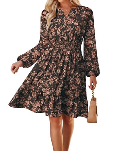 Spring Dresses for Women 2026,Casual Long Sleeve Floral Mini Dress,Black Brown Wedding Guest Dress S - Image 1