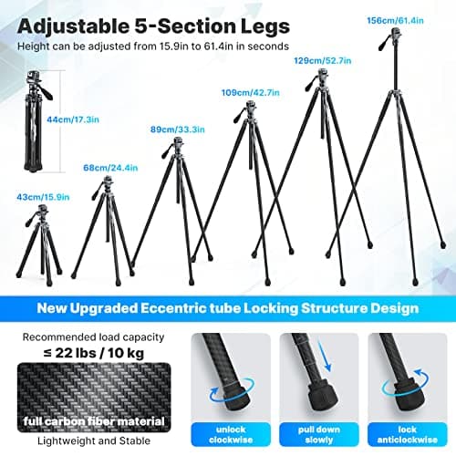 ULANZI F38 Video Travel Tripod, 61.4" Carbon Fiber Tripod w Quick Release Fluid Head, 2.38lbs Ultra Lightweight Portable Stable Professional Camera Photo Video Tripod, Load up to 22lbs, with Bag - Thumbnail 3