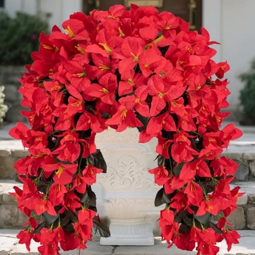 BSMYBO Bougainvillea Artificial Hanging Flowers Plants for Outdoors UV Resistant Faux Trailing Hanging Vine Outdoor Hanging Plants for Front Porch, Balcony, Patio, Outdoor Planter (Red-2PCS) - Image 1