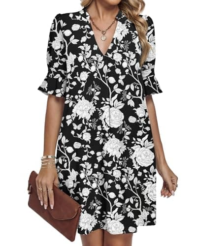 AUSELILY Summer Floral Dresses V Neck Ruffle Short Sleeve Casual Shift Dress, Black Flower M - Image 1
