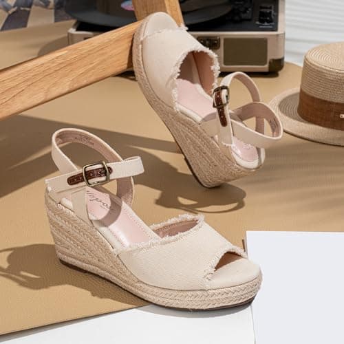 Vepose Women's Wedge Sandals Peep Toe, 3.3" Inch High Heel Platform Espadrilles Sandals, 880 - Natural, Size 8.5 US - with Ankle Buckle (CJY880 Natural 08.5) - Thumbnail 3
