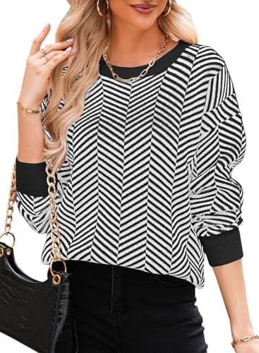 Dokotoo Sweaters for Women Trendy Crew Neck Striped Color Block Casual Loose Fall Outfits Knitted Tops Cute Long Length Ladies Holiday Pullover Sweater White Medium - Image 1