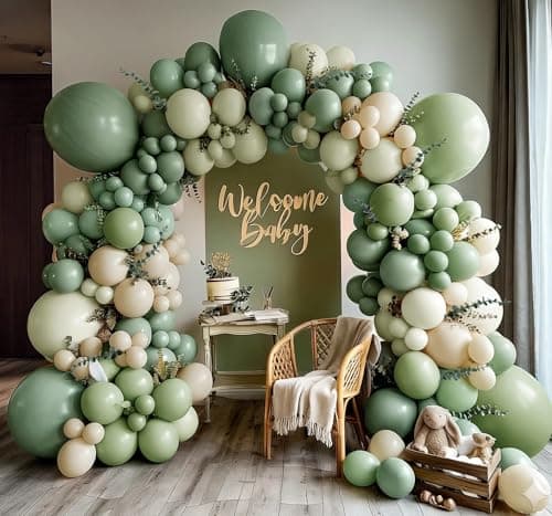 Dusty Green White Balloon Arch Double Stuffed Sage Light Green White Sand Beige Balloon Garland Eucalyptus Leaves for Baby Shower Neutral Birthday Woodland Bridal Wedding Gender Reveal Party Decor - Image 1