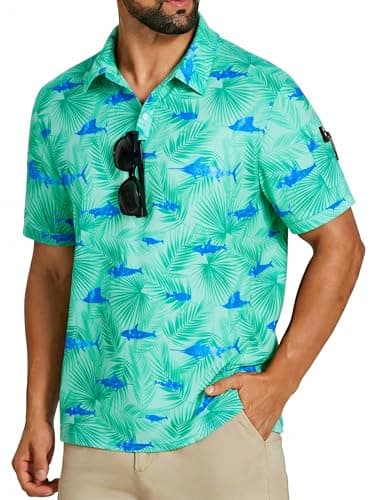 Cozople Mens Polo Shirts Short Sleeve Tropical Palm Tree Tactical Shirt Moisture Wicking Marlin Print Pique Golf Collared Top for Outdoor Hiking Work, X-Large - Image 1