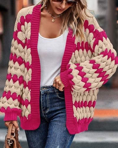 KIRUNDO Womens Cardigans Cute Color Block Stripe Long Sleeve Cardigan Sweaters Crochet Chunky Knit Sweater Outwear Trending Clothes for Women 2026 Hot Pink Outfits(Rose Red, Medium) - Thumbnail 4