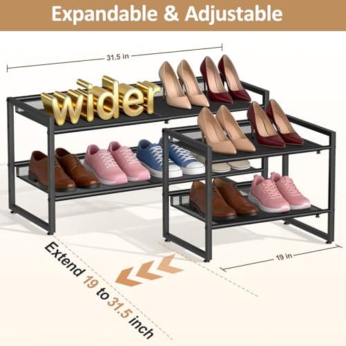 Expandable Shoe Rack, 2 Tier Adjustable Shoe Organizer with Flat & Slant Dual Use Design, Space Saving Shoes Stand for Closet & Entryway, Sturdy Dense Metal Grid Shoe Holder for High Heels, Sneakers - Thumbnail 3