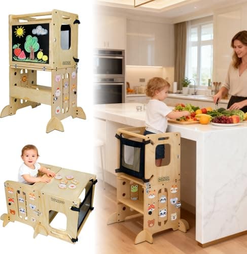 Toddler Tower Foldable, Animal Magnets Learning Kids Kitchen Step Stool, 4-in-1 Toddler Standing Tower with Blackboard, Anti-Tip Safety Feet, Foldable Wooden Helper for Ages 1–4 (CPC Certified)