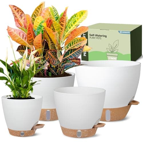 Self-Watering Pots for Indoor Plants 4 Pack, 6/8/10/12 Inch Outdoor Planters with Water Level Indicator&Deep Reservoir, Decorative Flower Pots for Indoor Plants,Home Decor (White, 12+10+8+6 inch) - Image 1
