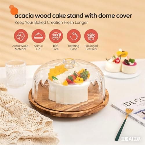 cutesun Cake Stand with Lid, Rotating Cake Stand with Lid & Dome, 11.8'' Acacia Wood Shatterproof 10.4'' Acrylic Cake Display Stand for Wedding, Birthday, Parties - Thumbnail 6