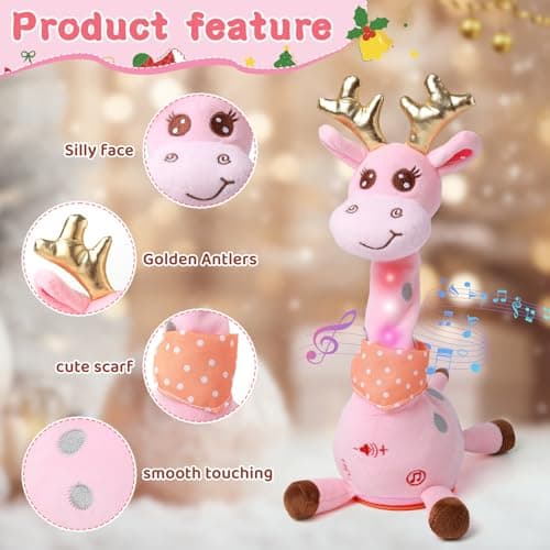 Dancing Talking Giraffe with Golden Antlers Toy, Stuffed Animal Baby Toy Repeating What You Say, Glowing Musical Electronic Giraffe with Golden Anlters Easter Gifts for Toddlers 1-3 Years Old (pink) - Thumbnail 2