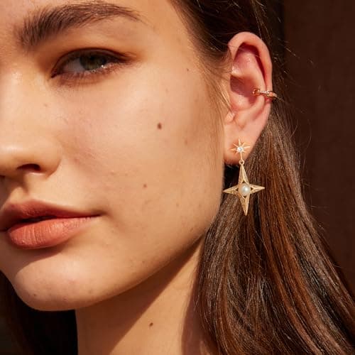 VALLOEY ROVER Starburst Stud Earrings for Women 14K Gold Plated Cubic Zirconia Pearl Ear Stud 925 Sterling Silver Post Everyday Jewelry Gift for Women - Thumbnail 5