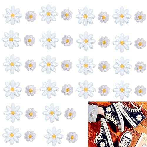 40Pcs Daisy Flower Iron On Patches, Cute Clothing Embroidered Sew on Applique Patches for Bags, Hats, Backpacks, Clothes, DIY Accessories Decoration (White) - Image 1