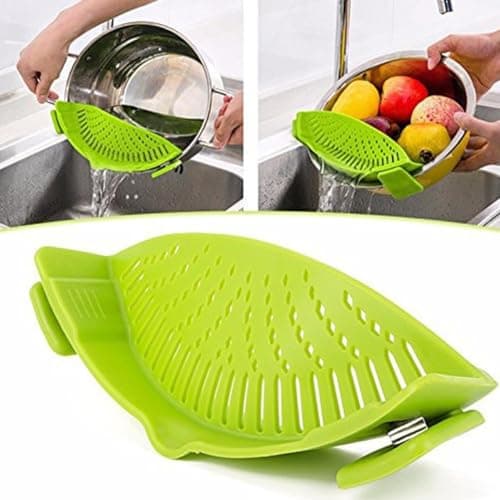 Clip On Strainer Silicone for All Pots and Pans, Pasta Strainer Clip on Food Strainer for Meat Vegetables Fruit Silicone Kitchen Colander (Green) - Thumbnail 5