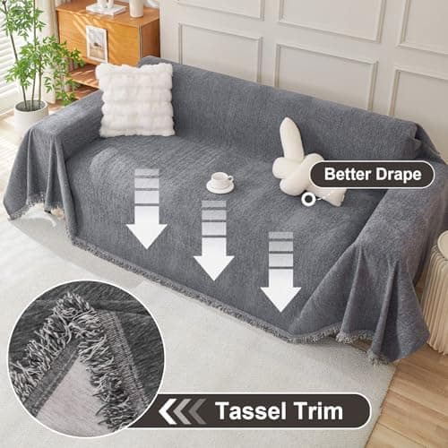 OstepDecor Chenille Couch Cover, Dark Grey Sofa Covers Washable, Sectional Couch Covers for Sofa L Shape, Couch Blanket Cover, Non-Slip Sofa Slipcovers for Dogs, Pets, 91" x 134" - Thumbnail 3