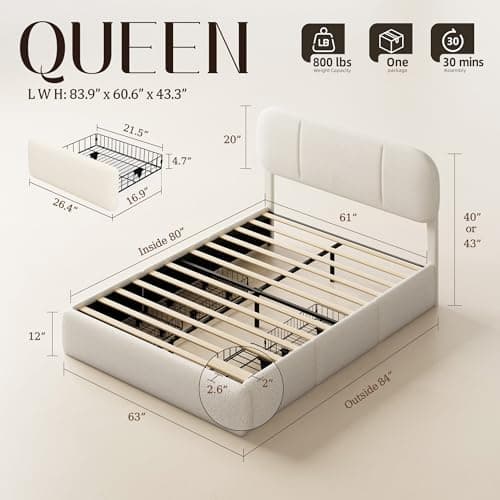 Uteeran Queen Size Bed Frame with Storage, Boucle Cloud Bed with 4 Locking Drawers & LED Lights, Modern Upholstered Platform Bed, Plush Sides & Footboard, Adjustable Headboard, No Box Spring, Beige - Thumbnail 2