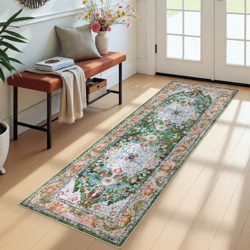U'Artlines 2' x 6' Boho Hallway Runner Rug, Non Slip Washable Vintage Farmhouse Kitchen Rug Accent Area Carpet for Entryway Laundry and Living Room (Green) - Image 1