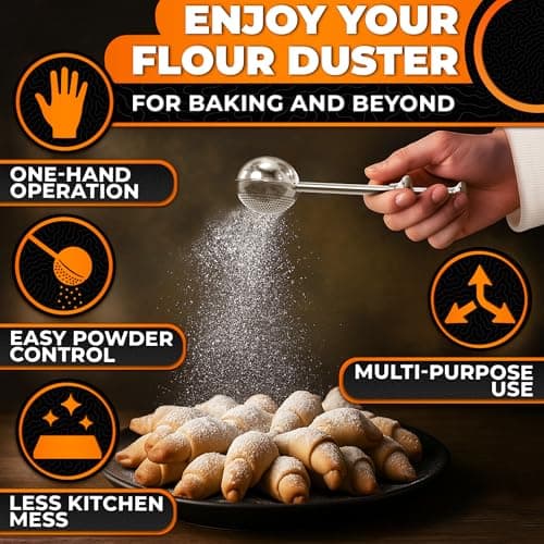 Flour Shaker Duster – 18/8 Stainless Steel Flour Duster for Bread Baking with One-Handed Operation – Cocoa, Cinnamon, Spices & Powdered Sugar Duster with Spring Handle | Tea Brewing | Dishwasher Safe - Thumbnail 4