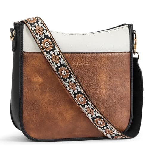BOSTANTEN Crossbody Bags for Women Trendy Vegan Leather Hobo Purses Shoulder Handbags With Wide Shoulder Strap Brown White with Black - Image 1