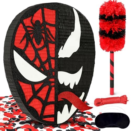Spider Piñata, Funny Venom Tongue Shape Pinata for Boy's Birthday Celebration Decoration Supplies, Includes 24" Bat Stick, Eye Mask, Rope - Image 1