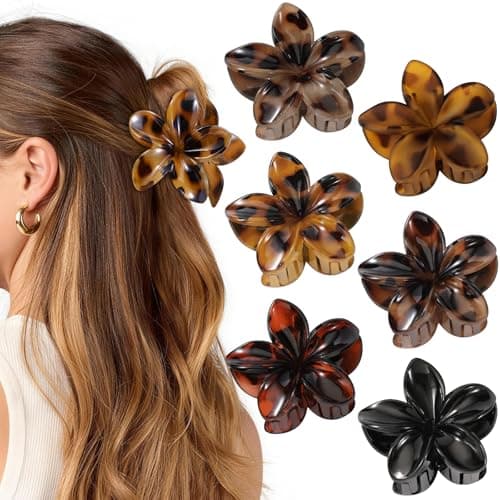 6 PCS Tortoise Flower Hair Clips for Women Girls, Large Hawaiian Flower Claw Clips for Thick Hair, Big Plumeria Jaw Clips, Strong Hold Non Slip Hair Accessories, Tortoise, Black - Image 1