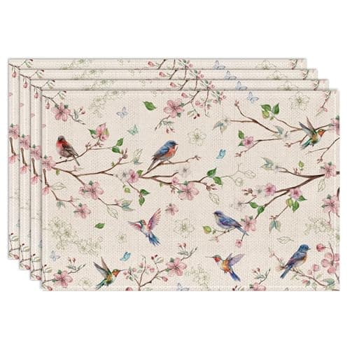Cusugbaso Spring Placemats Set of 4 12x18 inch for Dinning Table - Floral Bird Branch Spring Decor for Party, Dinner - Farmhouse Seaosonal Table Mats Floral Decroations for Home